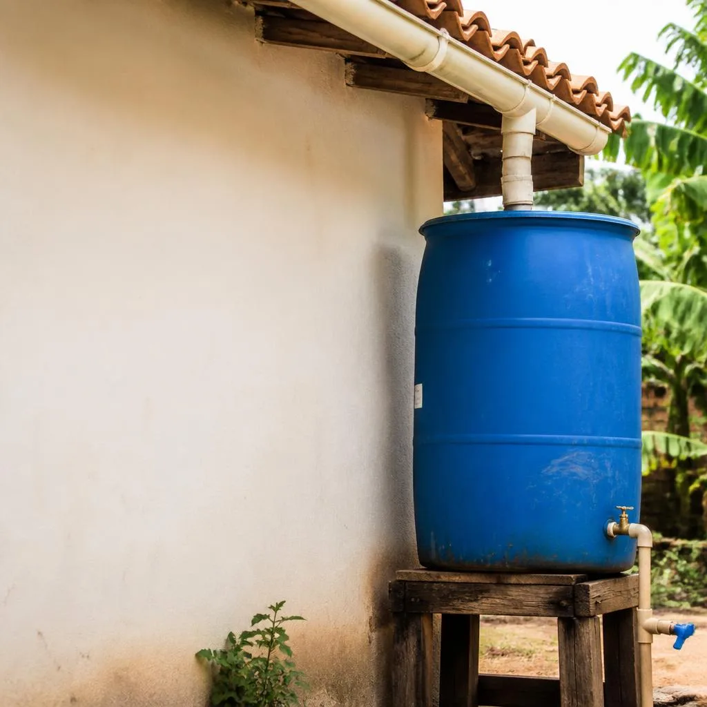 Regenwateropvangsysteem voor thuis met blauwe ton en PVC-buizen