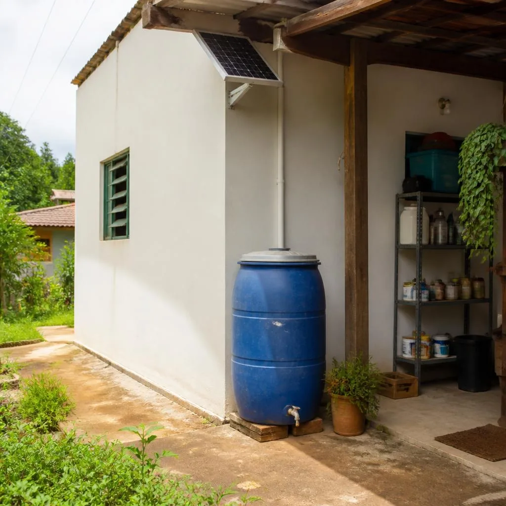 Braziliaans huis met watertank, zonnepaneel en georganiseerde plank