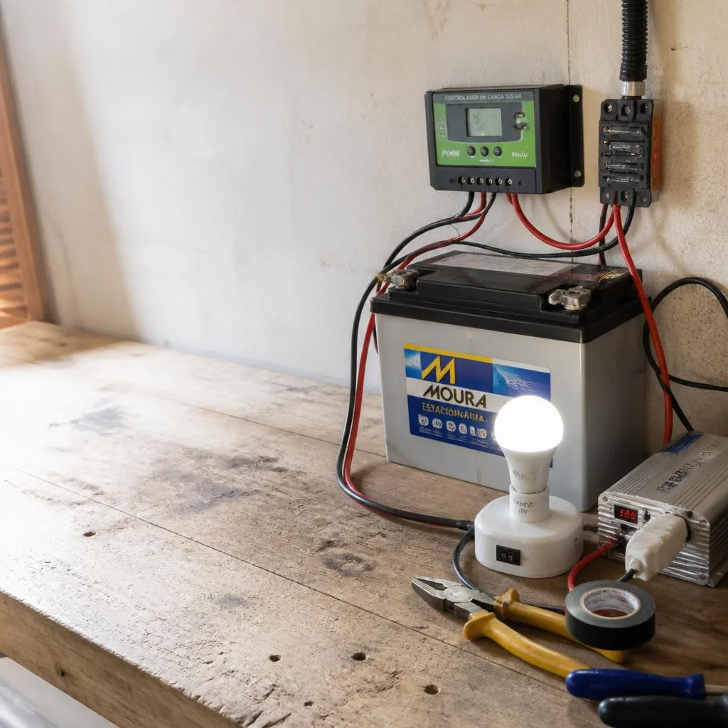 Accu, laadregelaar en LED-lamp op een houten werkbank