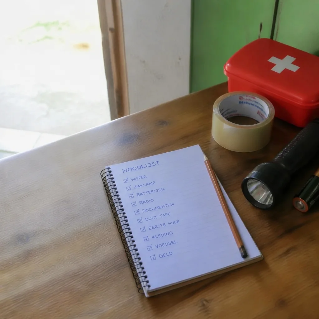 Schrift met noodlijst naast een zaklamp en EHBO-doos