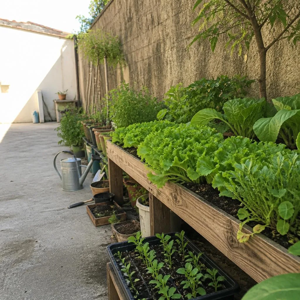 Productieve achtertuin met verhoogde moestuinbak, groenten en zaailingen