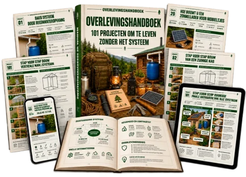 Mock-up van het Survival Handboek met cover, binnenpagina's en mobiele en tabletversies